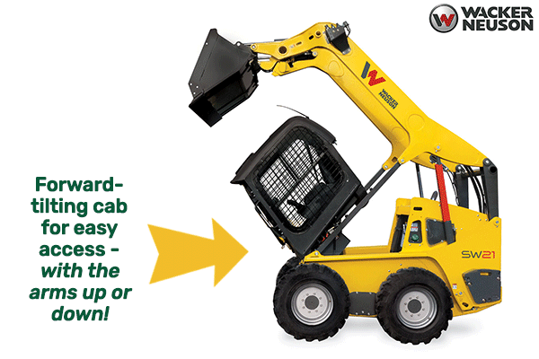 Wacker skid steers have a forward-tilting cab.